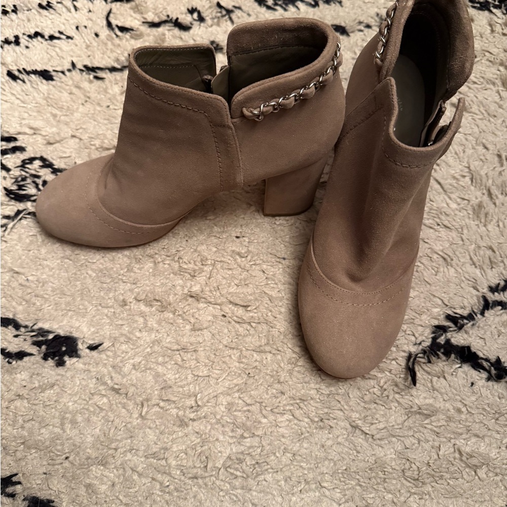 Authentic CHANEL Taupe Ankle Boots with Chain Detail